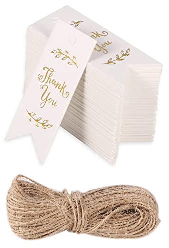 SAVITA 100 Stück Geschenkanhänger Danke Weiß mit 10m Hanfseil, Dankeschön Labels für Geburtstag, Hochzeit, Urlaub, Schulabschluss