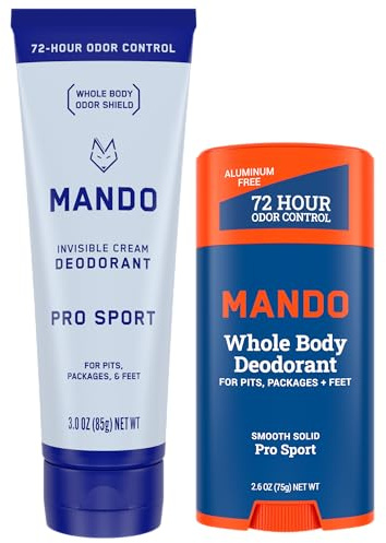Mando Whole Body Deodorant - Invisible Cream and Solid Formulas - 72 Hour Odor Control - Aluminum & Baking Soda Free - Skin Safe - 3 oz Cream & 2.6 oz Solid Bundle - Pro Sport
