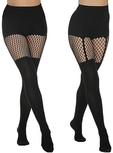 MANZI Netzstrumpfhosen Damen Schwarz Blickdichte Overknee Strümpfe Fischnetz Strumpfhose mit Muster 2 Paar,Grid+Suspender