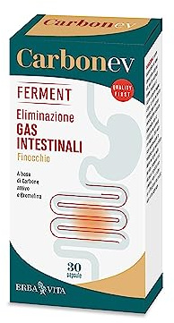 ERBA VITA Carbon EV Ferment integratore alimentare, a base di Carbone attivo e Bromelina, utile in caso di gonfiore addominale, difficoltà digestive e formazione di gas - Formato 30 Capsule
