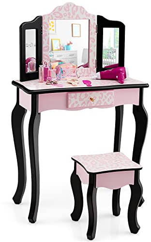 COSTWAY Kinder Schminktisch mit Hocker, 2 IN 1 Frisiertisch Schreibtisch mit dreifach klappbarem Spiegel & Abnehmbarer Platte & Schublade, Schminkkommode im Prinzessin-Stil (Leopard)