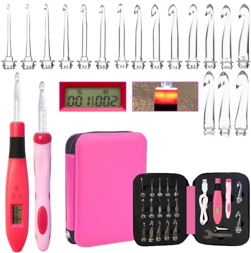 Mdoker Häkelnadel-Set, beleuchtet, 2,50 ~ 14,0 mm, beleuchtete Häkelnadeln zum Zählen von Stichen und Reihen, 17 Größen