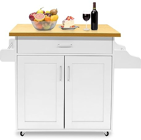 UISEBRT Carrello da cucina con piano di lavoro, isola da cucina in legno, mobile da cucina su ruote, carrello da portata con cassetto e ripiano, carrello da cucina in stile rustico, bianco