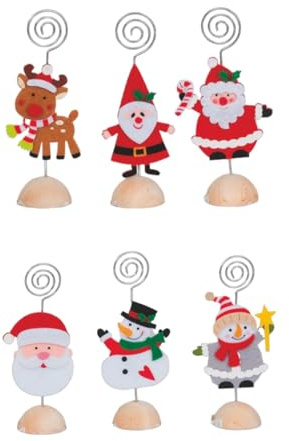 Generico 12x Porta bigliettini segnaposto Assortiti Natale Portabigliettini h. 14 cm Natalizio Babbo Natale, Renna, Elfo, Mini bomboniera 6 soggetti con Base in Legno Naturale