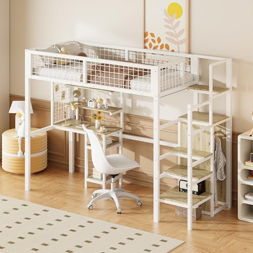 Merax Hochbett 90x200cm mit Sicherheitsleiter, Kinderbett mit Eisenrahmen Kleiderschrank und Computertisch, Bett mit Stauraum für Jungen, Mädchen, Weiß (Ohne Matratze)