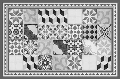 VINILIKO Design | Alfombra Vinílica Vintage Gris con Ribete 66x100 cm - Antideslizante, Impermeable, Lavable - Varios Tamaños - Alfombra Vinilo Salón, Cocina