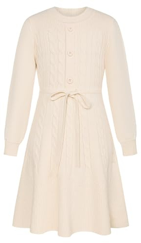 Robe tricotée Blanche Filles Col Rond Robe Pull Automne Hiver Robe de Soirée Robe de Loisirs 10-12 ans/Beige -1