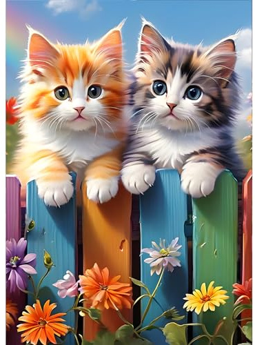 GDYEEH 5D Kätzchen Diamant Painting Pictures, DIY Katze Diamant Art Painting Kits,Zäune Diamond Painting Set for Adults Anfänger, Mosaic Making, Blumen Diamond Painting for Home Decor 30x40cm