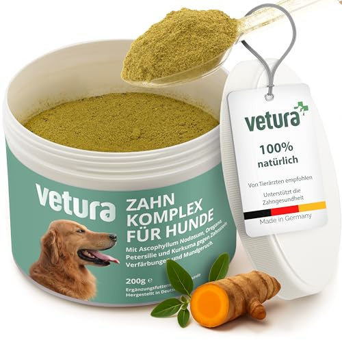 Vetura Zahnpflege Zahnpulver Hund 200g – gegen Maulgeruch & Zahnbelag | Mit Postbiotika L. plantarum, Seealge, Spirulina, Kurkuma & Oregano, vegan, getreidefrei, laktosefrei, Made in Germany, GMP+