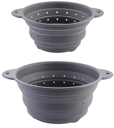 Surwin Scolapasta Pieghevole Salvaspazio, Scolapasta Silicone Verdura Cesto Scolapasta Plastica Silicone Pieghevole 2 Pezzi, per Drenare Pasta, Frutta, Verdura (Grigio)