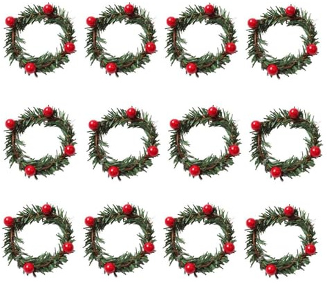WELLYUK Portatovaglioli natalizi, 12 pezzi, con ghirlanda di agrifoglio rosso e bacche, portatovaglioli per Natale, decorazione rustica per feste, festival, vacanze, casa