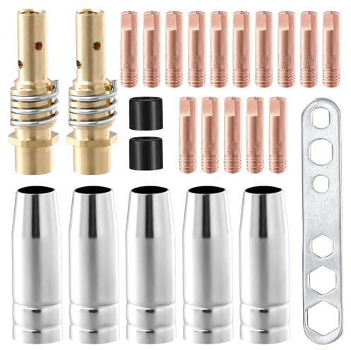 25 Stück Verschleißteile Set für Schutzgasschweißgerät, Schweißbrenner Zubehör passend AK-15/MB-15, 5 x Gasdüsen, 15 x Stromdüsen M6 0,8 mm, 2 x Düsenstiele, 2 x Isolatoren, 1 x Schraubenschlüssel