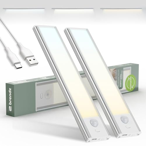 Brendz Schranklicht mit Bewegungsmelder, Kleiderschrank Beleuchtung, 2x20cm | 3 Farbtemperaturen, Aufladbar, Dimmbare Schrankbeleuchtung, Led Lichtleiste Kabellos, Silber