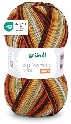 Gründl Big Mamma Print - Lana XXL para tejer - ovillo grande de 400 g / 1040 m - lana con degradado de color 100% poliacrílico - senf-kürbis-kupfer-rehbraun-moos