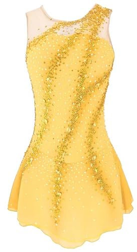 MEILYA Eiskunstlauf Kleid Outfits Elasthan Stretch Hohe Elastizität Training Praxis Wettkampf Skating Bekleidung Handgemacht,Gelb,S