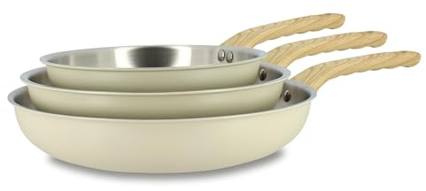 MENASTYL - Lot de 3 poêles en inox 18/10 induction Easynox - Acier inoxydable sans accroche, sans PFAS, sans PTFE - Tous feux dont induction et lave-vaisselle - Écume - 16/18/20 cm - 6014245
