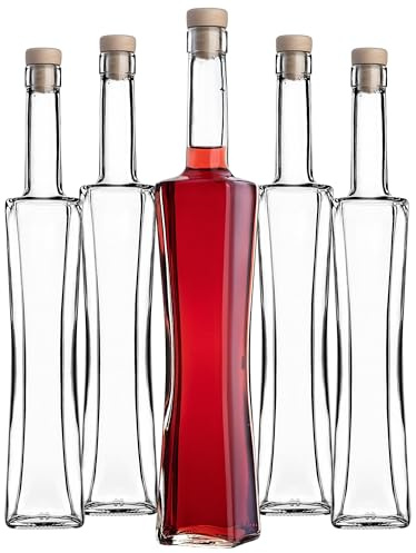 KADAX Botellas de licor de 500 ml, 5 unidades, botellas de vidrio vacías con corcho, botellas de zumo, botellas cuadradas para llenar con licor y vino, botellas de licor, botellas de vino