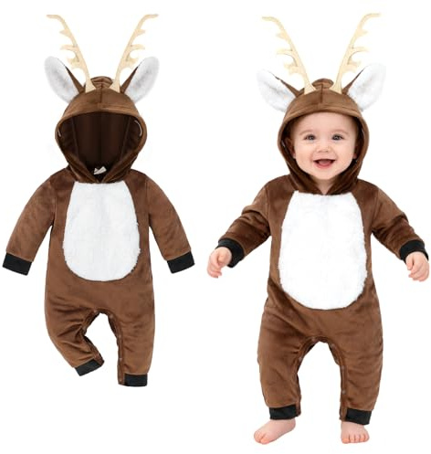 Beipegin Baby rådjur kostym pojkar flickor spädbarn djur sparkdräkt overall nyfödd huva flanell ren onesie baby jul halloween kostym
