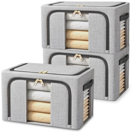 Resszo 3 Pezzi Scatole per Armadio, 24L Organizer Armadio con Struttura in Metallo, Scatole per Armadio Rigide Pieghevoli con Cerniera, Ideali per Rangement Vestiti & Organizzazione - 3x24L