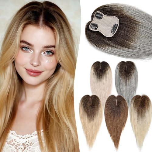 EREE HAIR 30 cm Seidenbasis Echthaar-Topper für Frauen Ombre-Farbe T6/24 realistisches Toupet, 7 x 11 cm, Clip-in-Topper Echthaar-Extensions Wiglet-Haarteil dünner werdendes Haar natürliches Aussehen