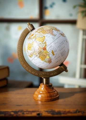 Vintage World Globe 13cm Political Map with Turned Wooden Base & Antique Bronze Meridian – Adjustable Tilt, Decorative & Educational Desk Globe