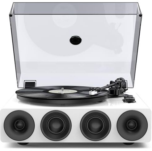 1 by ONE Record Player with Speakers, High Fidelity Vinyl Turntable with TI DSP, Magnetic Cartridge AT-3600L, Built-in Preamp, Adjustable Counterweight, 2-Speed Belt Drive, Modern White