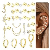CASSIECA 21Pcs Pendientes Mujer Piercing Helix Acero Quirurgico Pendientes Dorados Pendiente Aro Oro 14K Hipoalergenicos Piercing Oreja Tragus Cartílago Conch para Múltiples Piercings Mujer Hombre