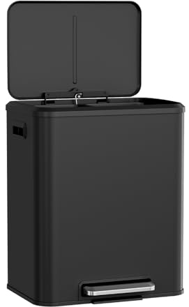 Clevich Poubelle de cuisine 2 x 15 l, système de tri sélectif de 30 l, en métal, couvercle Softclose, seau intérieur amovible avec poignées, double compartiment, pour appartement simple, Noir
