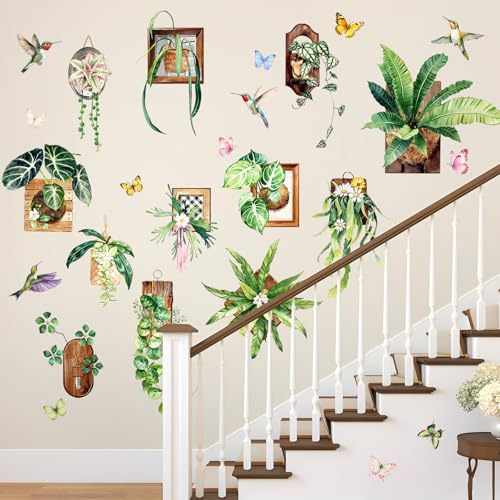 Tanlaby 12 Pcs Stickers Muraux Plantes 3D Autocollant Murale Plante | Paniers Suspendus Amovibles Autocollants Art Mural pour Salon Chambre à Coucher Maison Bureau