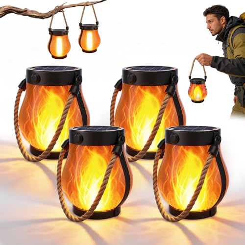 Wxeadu Lanternes Solaires à Flamme Vacillante, Lanterne Solaire à Flamme Dansante, Lanterne Solaire Exterieur, Lampe Flamme avec Capteur Automatique, Étanche IP65 pour Allée, Cour, Patio, Jardin(
