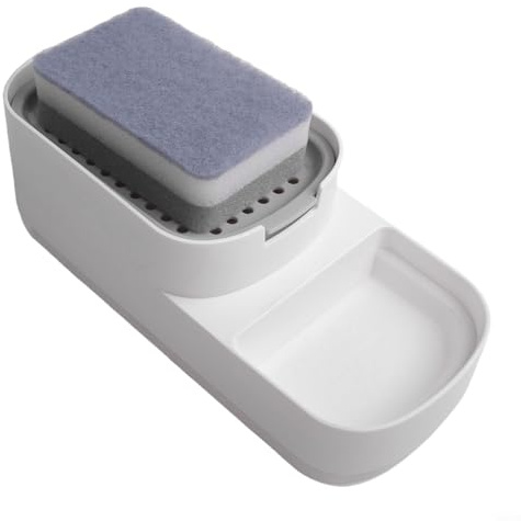 2 in 1 For Kitchen Soap Dispenser and Sponge Holder with Non slip Base and Drain Holes to Keep Lid Dry and Save Soap (White)
