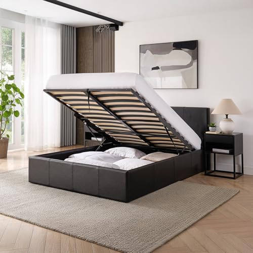Direct Furniture Suppliers LUNA - UK 4FT6 Double Gas Lift Up Ottoman Storage Faux Leather Space Saving Bedframe (H:88.5cm x W: 153cm x L: 203cm) (Black)