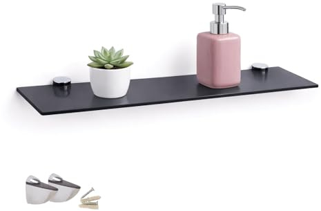 Euro Tische Wandregal aus Glas, 30 cm, Regal aus Glas, für Badezimmer, Duschregal aus schwarzem Glas mit 6 mm dickem Sicherheitsglas und Metallhalterungen (schwarz)