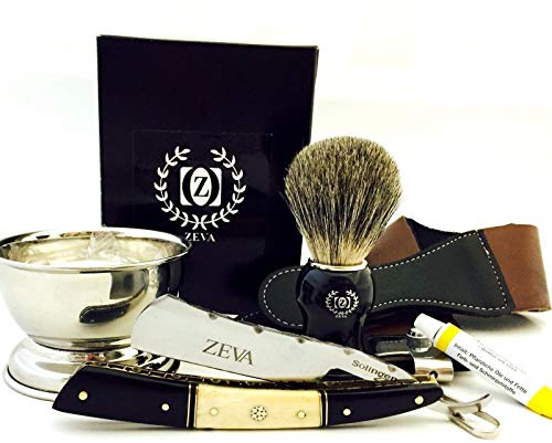 Men's Buffalo Horn Camel Bone Straight Razor Shaving Set kit in Gift Box