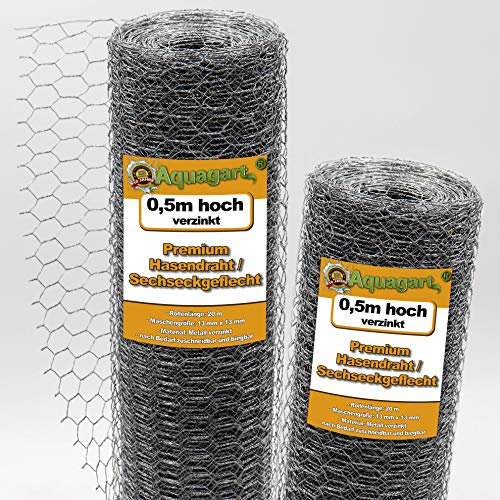Aquagart Maschendrahtzaun Sechseckgeflecht verzinkt I Hühnerzaun Kaninchendraht Hasengitter feinmaschig 13 x 13 mm I 6-Eck Drahtgeflecht 0,7 mm Hasendraht (50cm hoch, 180m)