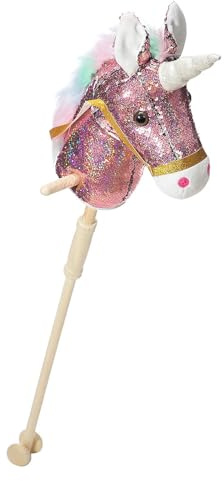HollyHOME Sequin Unicorn Stick Horse Handcrafted Hobby Horse on a Stick with Wood Wheels Real Pony Neighing and Galloping Sounds Plush Unicorn Toy Pink 36 Inches(AA Batteries Required)