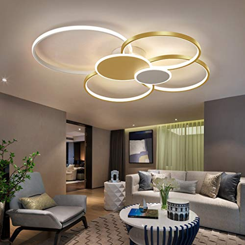 AHQX LED Deckenlampe Modern Deckenleuchte Wohnzimmer Deckenlicht Acryl Lampenschirm Einstellbar Lichtfarbe/Helligkeit Schlafzimmerlampe Restaurant Beleuchtung,Gold,ø80cm/71W
