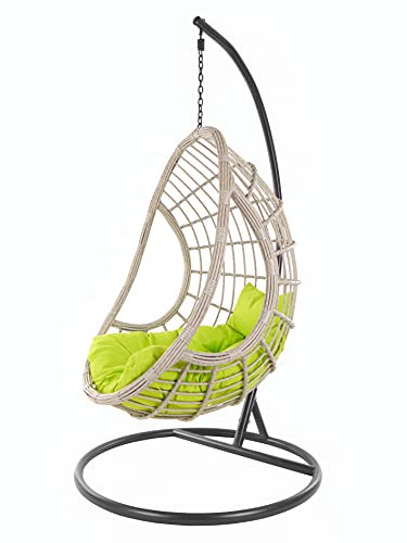 KIDEO Komplettset: Hängesessel mit Gestell & Kissen, Korbsessel, Poly-Rattan, grau-beige (Kissen: grün Chesterstepp (6068 Apple Green))