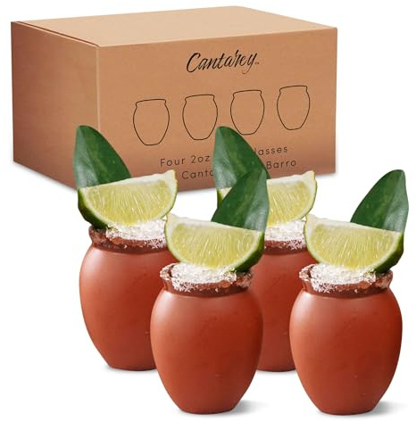 CANTAREY 2oz Cantaritos de Barro - Set of 4 Mini Cantaritos Shooters - Cute Shot Glasses for Tequila - Mexican Fiesta Jarritos de Barro Mexicanos (CDB2-4)