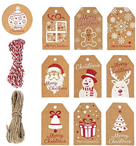 Weihnachten Kraftpapier Etiketten,100 Stück Kraft Geschenkanhänger mit 20 Metern für Weihnachtsdekoration 100 pcsChristmas tags
