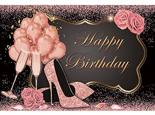 Renaiss 1.5x1m Rose Anniversaire Toile de Fond Glitter Brillant Cristal Chaussures Ballon Rose Décorations De Fête 16e 18e 20e 30e Fille Adulte Femmes Gâteau Table Bannière Photo Booth Fond De Tir