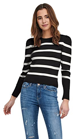 ONLY Onlsally L/S Puff Jumper Knt Noos Lavorato a Maglia, Nero/Righe: W. Cloud Dancer, S