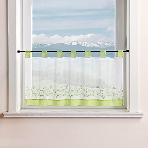 Delien Voile Scheibengardine mit Schlaufen Kurzstores Modern Transparente Bistrogardinen Küchengardinen Landhaus mit Blumenstickerei Klein Fenster Gardinen Kurz BxH 120x60cm,Grün