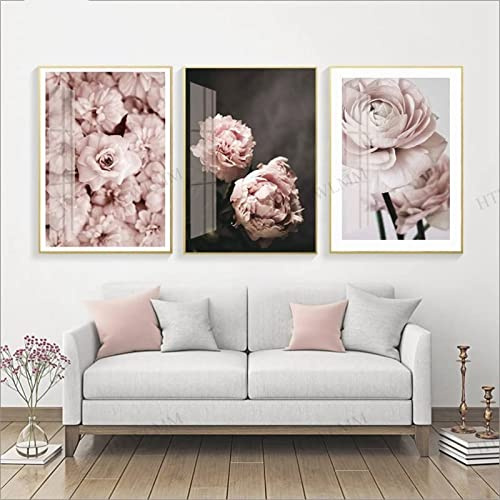 HTWLMM Rosa Blühende Blume Bilder Nordic Leinwand Poste Wandbilder Wohnzimmer Mädchen Schlafzimmer Deko Modern Kunst Badezimmer Bilder Poster Set Rahmenlos (3X50X70CM,3)
