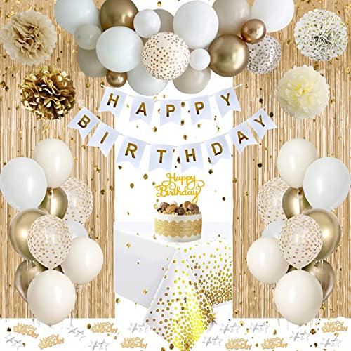 Globos y Arco de Oro Blanco para Cumpleaños, Decoración Feliz Cumpleaños, Fiesta Globos de Confeti Látex para Niñas Mujeres 1 2 3 13 18 21 30 40 50