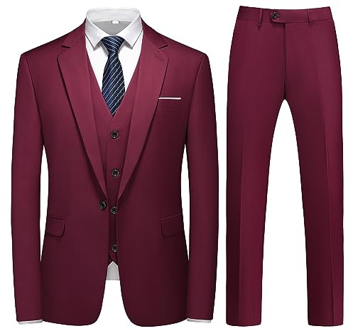KUDMOL Herr 3-delad kostym en knapp business blazer väst byxor set, Vinröd, XXL