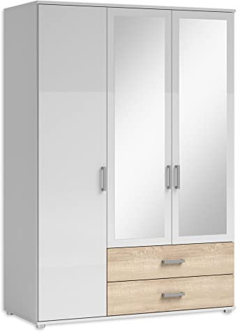 Stella Trading Kleiderschrank mit Spiegeln und Schubladen - Vielseitiger Drehtürenschrank 3-türig in Weiß, Eiche Sonoma Optik - 125 x 190 x 51 cm (B/H/T)