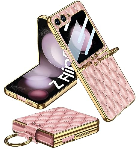 Miimall Lederhülle Kompatibel mit Samsung Galaxy Z Flip 5 Hülle mit Kameraschutz+Ring Ständer Galvanisierter Rahmen Stoßfest Handyhülle für Galaxy Z Flip 5-Rosa