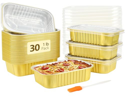 LNYZQUS 1lb Small Aluminum Pans With Lids 30 Pack, 16oz Foil Baking Tins Leftover Containers Takeout To Go Food Containers With PP Covers,Disposable Individual Pie Cake Pans Holders
