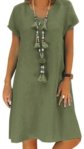 Abito da donna, abito estivo in lino, abito casual con scollo a V, abito Midi a maniche corte, abito a linea a A, abito a tunica per il sole senza accessori, A verde scuro., M